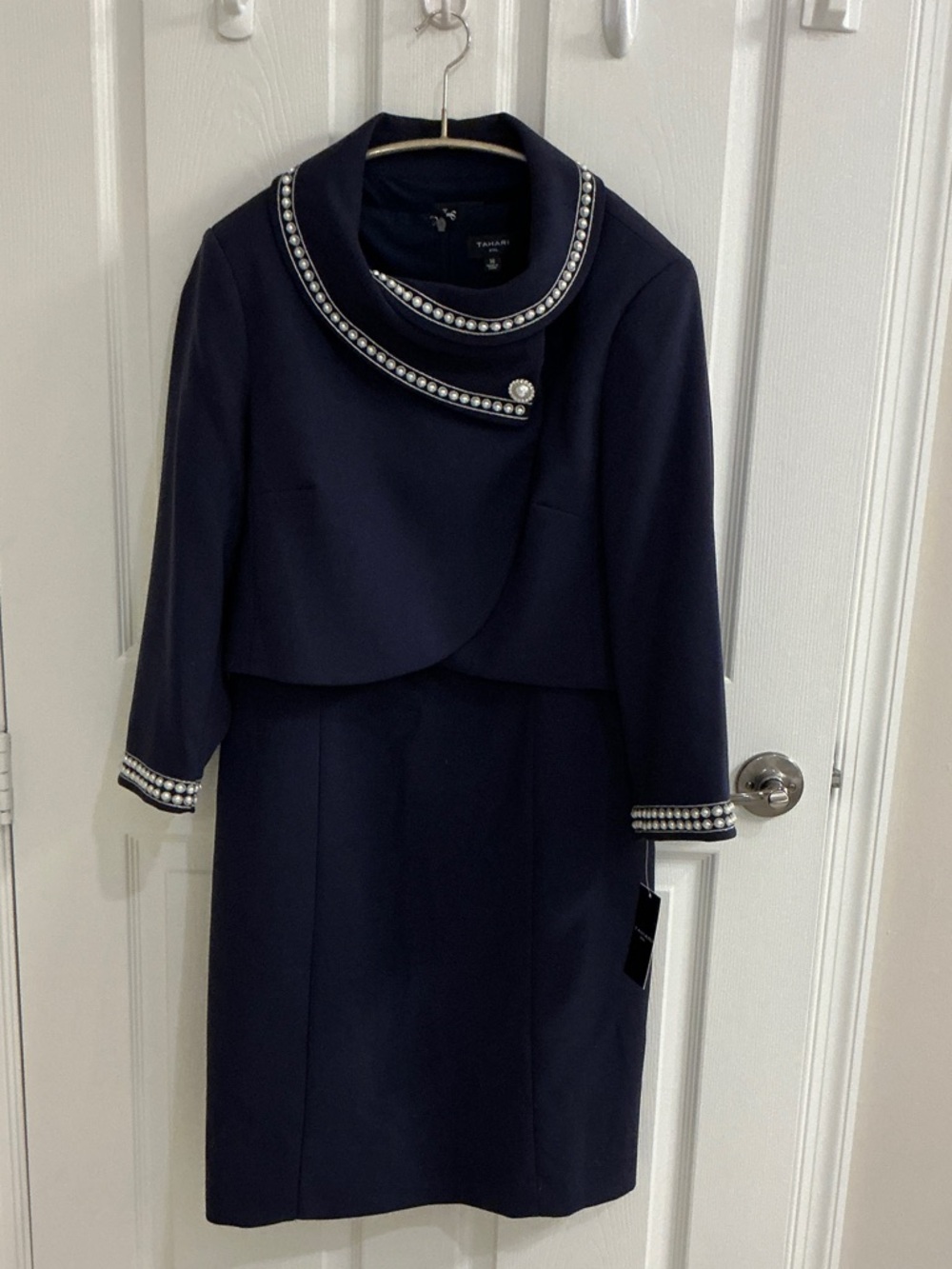 Tahari ASL navy sleeveless dress with beaded collar jacket